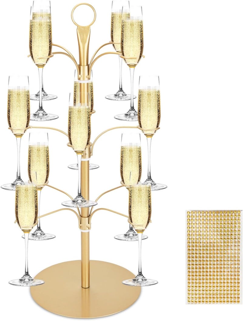 KUK Cocktail Tree Stand for Party, Metal Drink Tower with 3 Tier 12 Holders, Bar Drinks Tree Display Wine Glasses Holder Suitable for Champagne Cocktails Martini at Christmas Weddings Bridal Shower (Gold) - Image 1